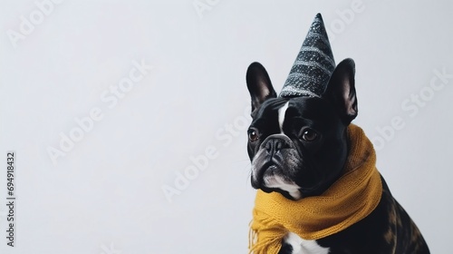 Adorable Brindle French Bulldog Wearing Party Hat and Yellow Scarf on Neutral Background photo