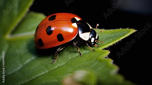 Close Up of Vibrant Red Ladybug with Black Spots on a Green Leaf with Dark Background © Kiss