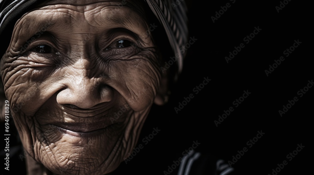 Elderly Woman with Wrinkled Face Smiling Warmly in Low Light 