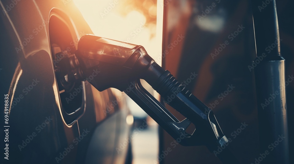 Fuel Pump Nozzle Inserted in Car Tank at Gas Station during Sunset - obrazy, fototapety, plakaty 