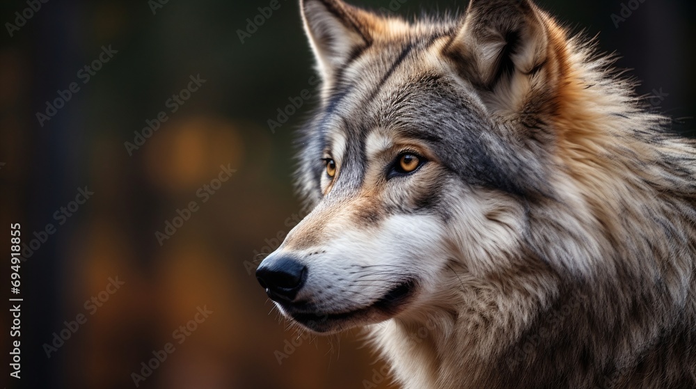 Intense Wolf Close Up Portrait with Vivid Autumn Background Bokeh Effect