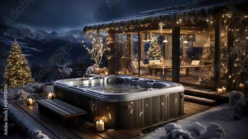 An inviting luxury cabin deck adorned with festive lights featuring a hot tub on a snowy evening, overlooking a majestic mountain view. photo