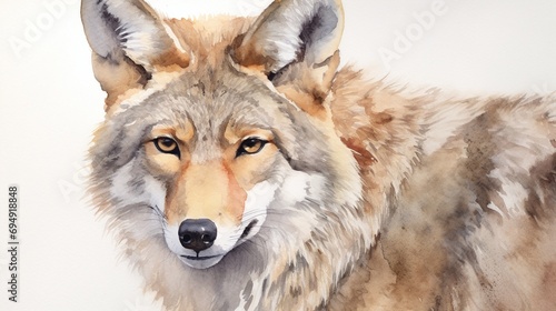 Majestic Watercolor Painting of a Detailed Wolf Portrait with Warm Tones and Artistic Brushwork photo