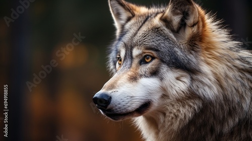 Intense Wolf Close Up Portrait with Vivid Autumn Background Bokeh Effect