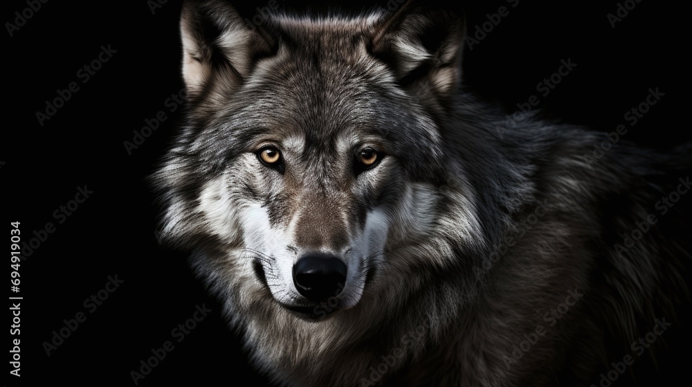 Fototapeta premium Intense Gray Wolf Gaze Captured in Low Light Nature Wildlife 