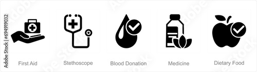 A set of 5 Mix icons as first aid, stethoscope, blood donation