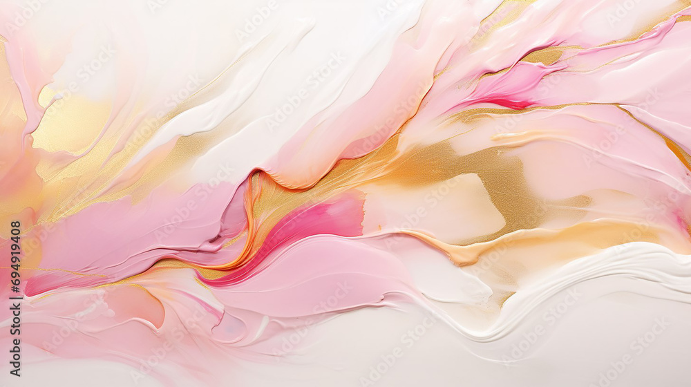 Abstract liquid marble background pink white with gold.