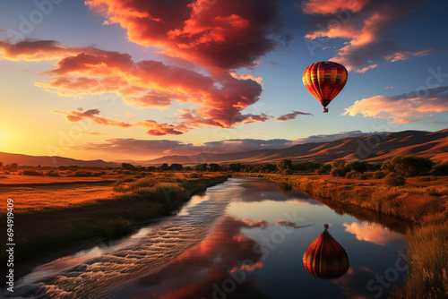 A vibrant hot air balloon flying over a river at sunset, with its reflection on the water and vivid clouds above.