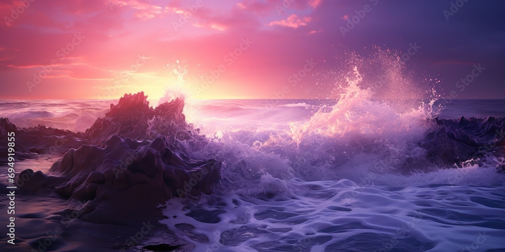 Ocean spray leaps over time-worn rocks as the dusk sky melts into shades of lavender and coral.