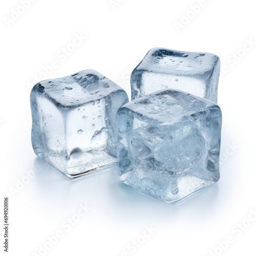 Crystal Chill, Three Ice Cubes Glisten on a Pure White Background - A Refreshing Visual Treat.
