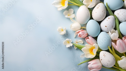 Easter background with Easter eggs and spring flowers.illustration