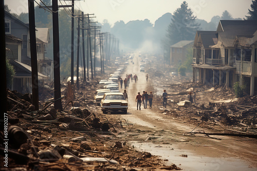 People walking through a devastated residential neighborhood with debris and damaged vehicles post-disaster.