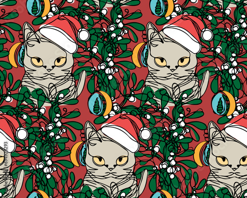 Kultiges ansetzbares Muster zu Weihnachten mit Katzen, Baumschmuck und Mistelzweigen