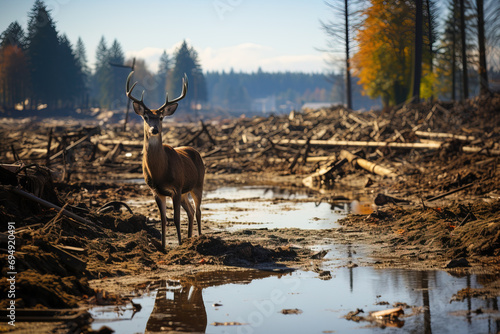 A majestic deer with antlers stands by a puddle amidst a deforested area, reflecting in water during golden hour.