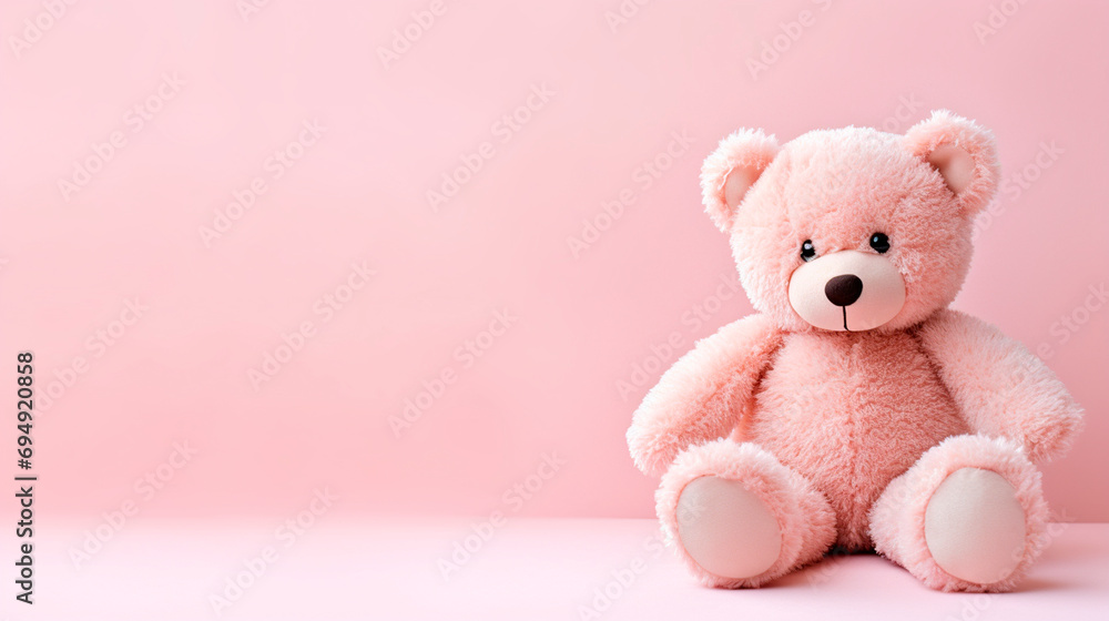 Pink teddy bear on a pink background. Selective focus. Pink teddy bear on a pink background. Selective focus.