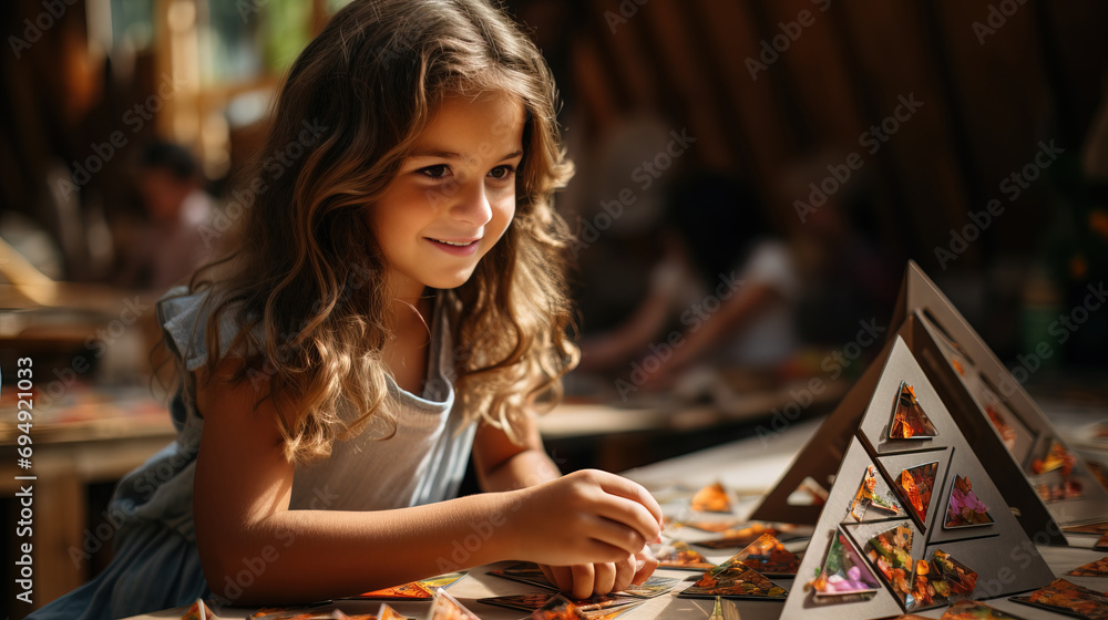 Fototapeta premium Smiling young girl playing with a triangular puzzle game on a wooden table, bathed in warm sunlight.