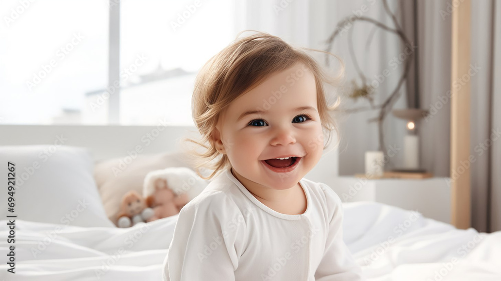 A small child smiles while sitting on a white crib. A small child smiles while sitting on a white crib.