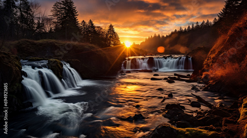 Photograph  taken from a camera and Nikon z8 camera of realistic majestic sunset over the waterfall in the forest