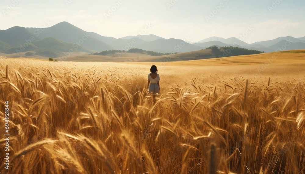 Scenery behind alone one woman stand in the middle of barley field surrounded by hay, autumn field scenery and sunny sky. Scenery behind alone one woman stand in the middle of barley field surrounded by hay, autumn field scenery and sunny sky.