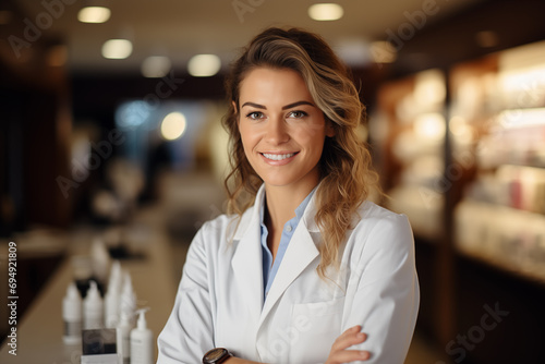 Portrait of Pharmacist, skincare salesperson or beauty advisor standing while looking at camera