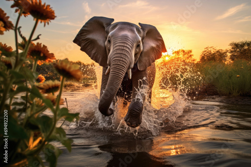 A joyful elephant in vibrant colors is running through the water in the bright light of the sunset © Venka