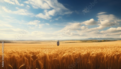 Scenery behind alone one man stand in the middle of barley field surrounded by hay, autumn field scenery and sunny sky. photo