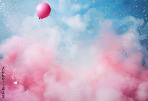 Pink, blue and white balloons, confetti and streamers as a decorations at a gender reveal or a baby shower party.