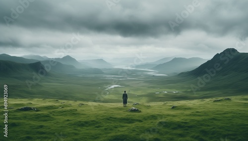 Scenery behind alone one woman stand in the middle of the grass surrounded by highland landscape scenery and overcast sky.