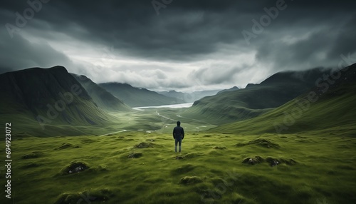 Scenery behind alone one man stand in the middle of the grass surrounded by highland landscape scenery and overcast sky. photo
