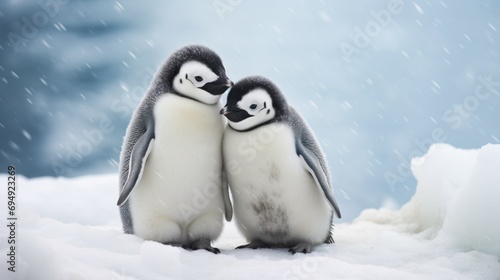 Two penguins standing next to each other in the snow © Maria Starus