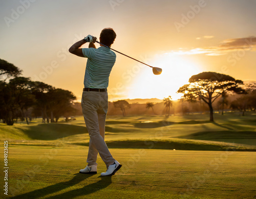 Active Golfer Enjoying a Leisurely Game at Sunset on a Beautiful Golf Course