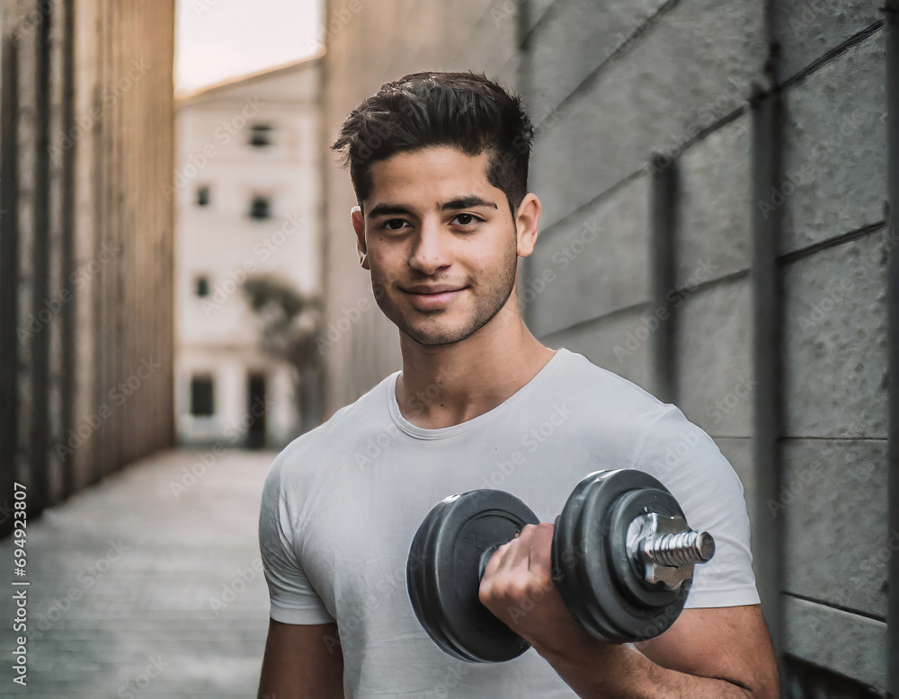 Athletic man posing with dumbbells Athletic man posing with dumbbells