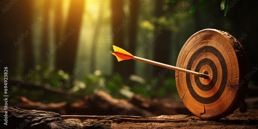 Archery bow and arrow with a target behind. - obrazy, fototapety, plakaty 