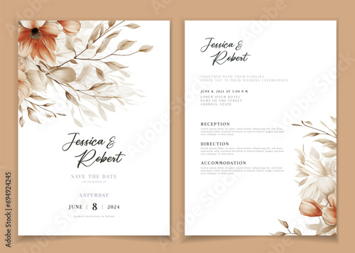 Wedding invitation card background with line art, watercolor flower and botanical leaves, organic shapes. Floral poster, invite card template