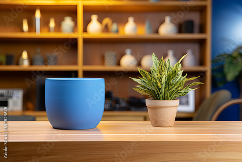 Interior Scene and Mockup. Wooden table and blue wall, green plant on the table.