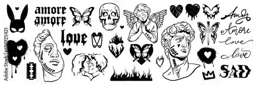 Y2k love tattoo sticker set, vector gothic heart icon, 90s vintage glam Valentine Day sign, angel. Greek sculpture head, 2000s trendy emo butterfly, fire flame, lettering, skull. Y2k love aesthetic