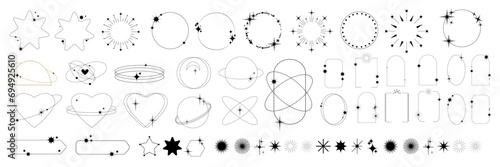 Star frame set, ornament y2k line arch element, vector minimal decoration retro border geometry kit. Futuristic heart simple figure, oval rectangle magic title banner. Boho circle cute star frame