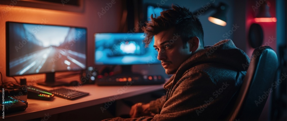 A young gamer immerses himself in a game on his computer. In a dark room illuminated by colorful lights and light from screens.