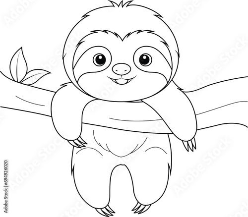 Coloring page of cute sloth hanging on the tree coloring page