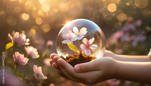Glass ball with flowers in children's hands. Concept of caring for the environment.