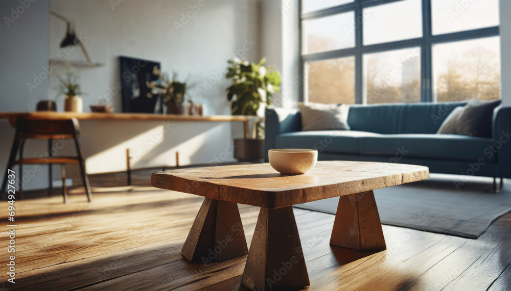 Fototapeta premium Modern minimalist living room with wooden furniture and a light background