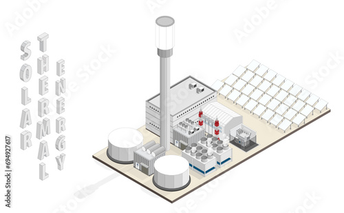 solar thermal energy, solar thermal power plant with isometric graphic