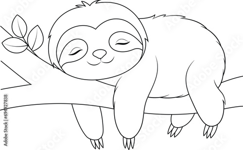 Cute sloth sleeping on the tree coloring page