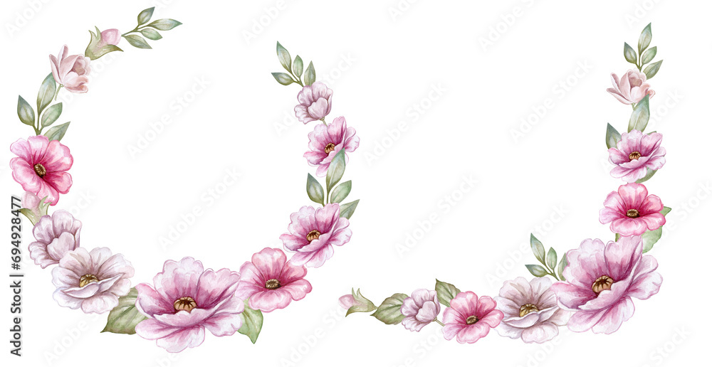 Fototapeta premium Frame, wreath, ring, of pink flowers, roses floral frame, vignette isolated on white background. Bouquet of flower composition. Templates. Watercolor. Illustration. Hand drawing. Greeting card design