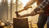 Professional Lumberjack at work cutting tree for firewood in the forest