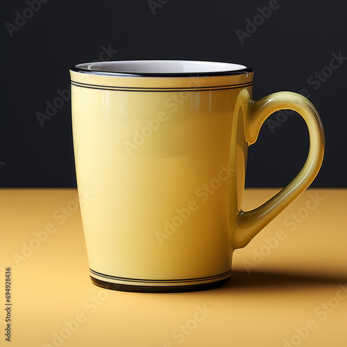 a yellow coffee mug on table. photo