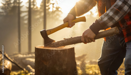 Professional Lumberjack at work cutting tree for firewood in the forest photo