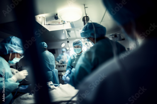 Surgical medical operation, anesthesia in progress, team of surgeons and nurses photo