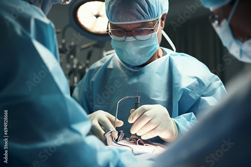Surgery, surgeon and nurse in an emergency surgical setting, patient undergoing a laparoscopy photo