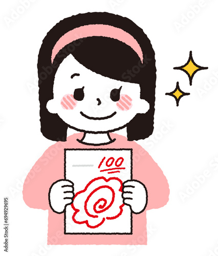 テストの結果。100点をとる子供。